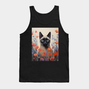 Feline Garden Delight: Retro Vintage Siamese Cat Florals Tank Top